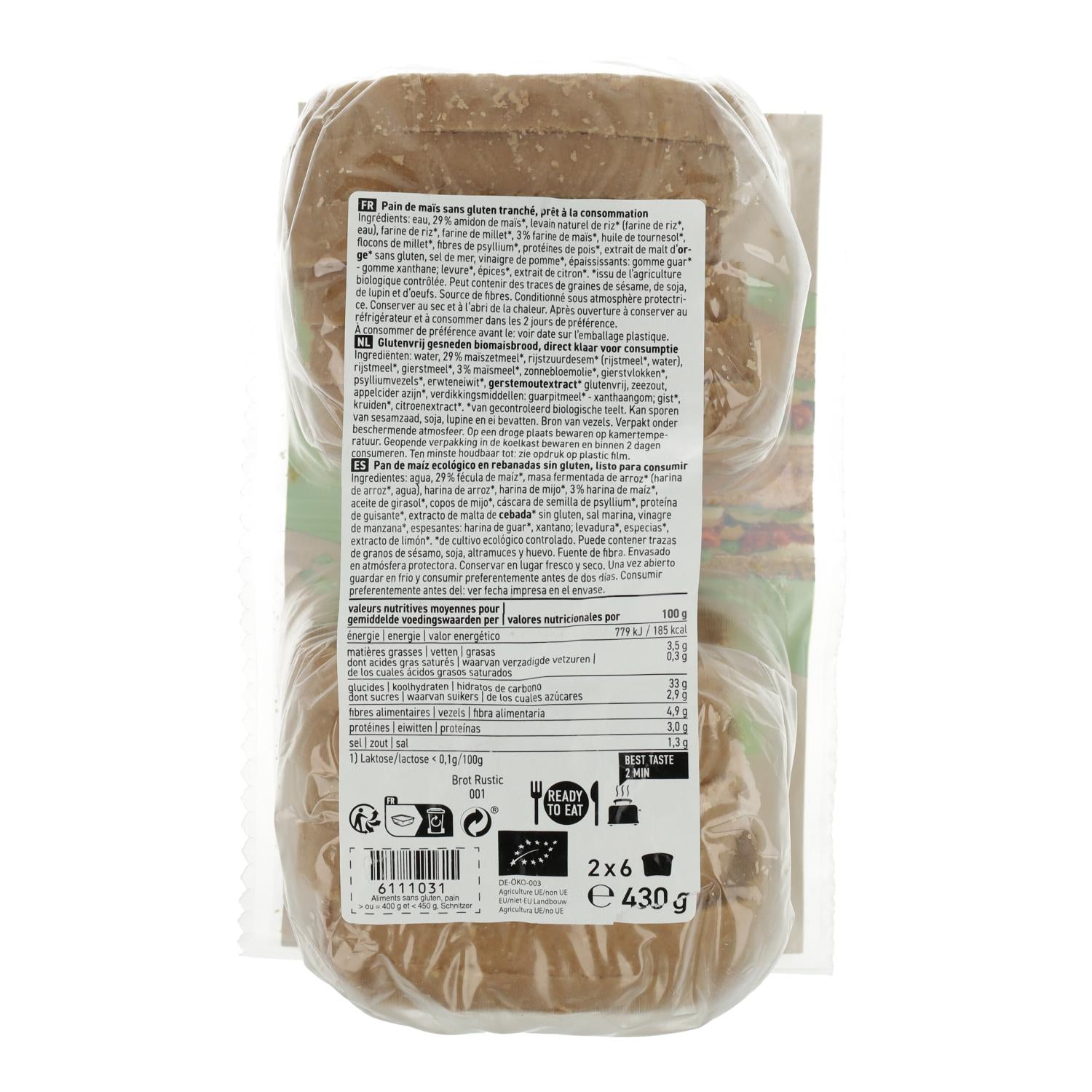 Pan de molde Rebanadas de Maíz Ecológico Sin gluten Schnitzer 430 g