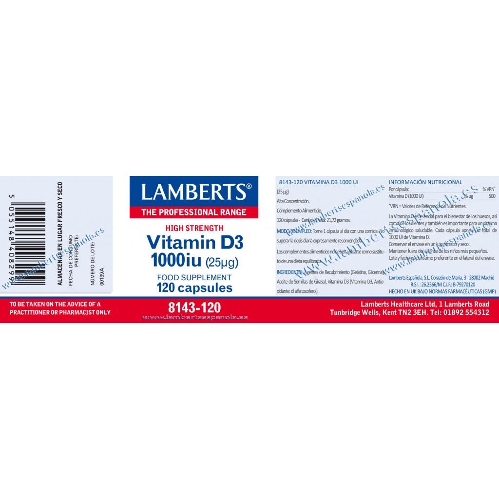 Vitamina D3 1000UI (25 µg) Lamberts, 120 cápsulas