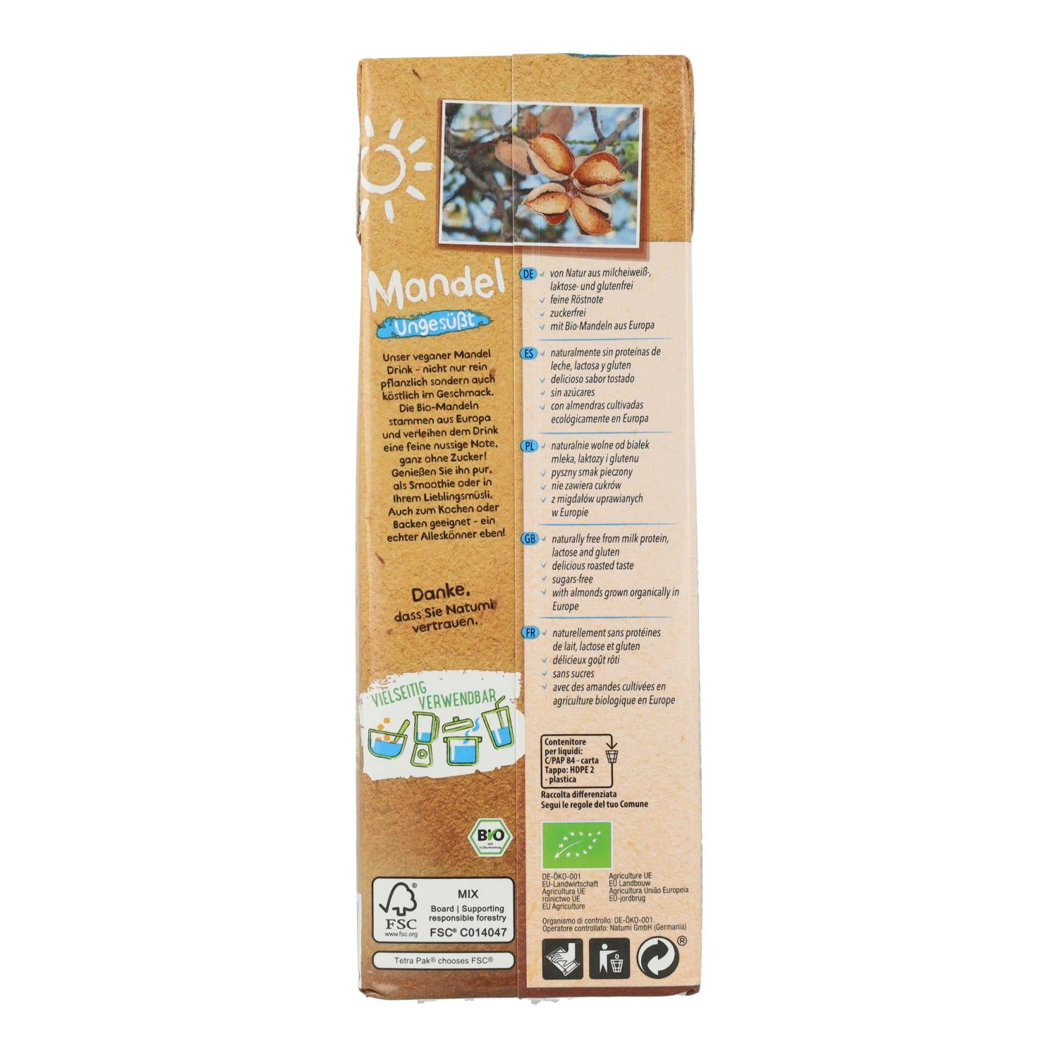 Pack 6 uds Bebida Almendras sin azucar Bio Natumi 1 L