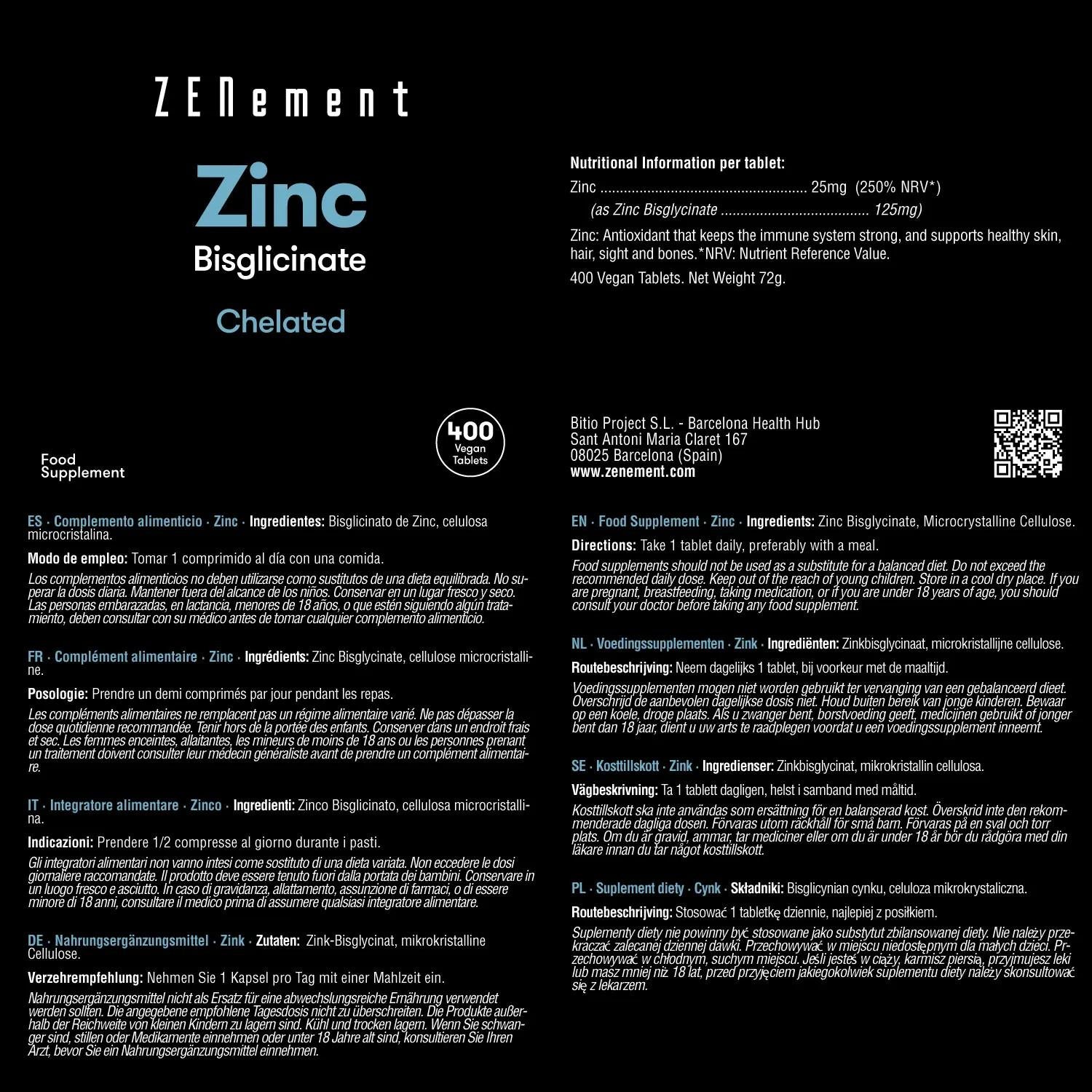 Zinc 25 mg (Bisglicinato) dosificación alta zenement 400 Comprimidos