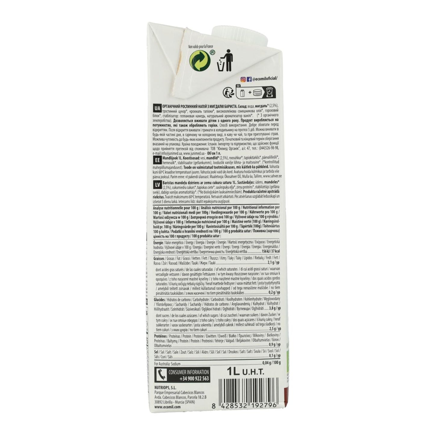 Pack 6 uds Bebida vegetal de Almendra Barista BIO EcoMil 1 L