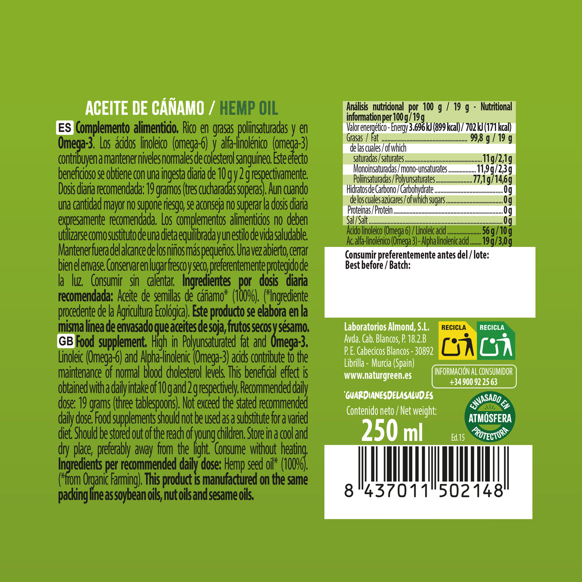 Olej konopny Bio, NaturGreen 250 ml