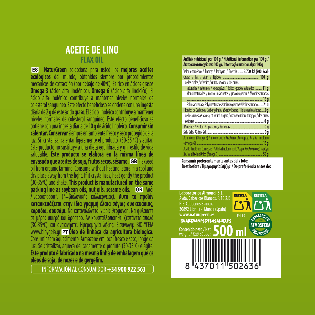 Olej lniany BIO NaturGreen 500 ml