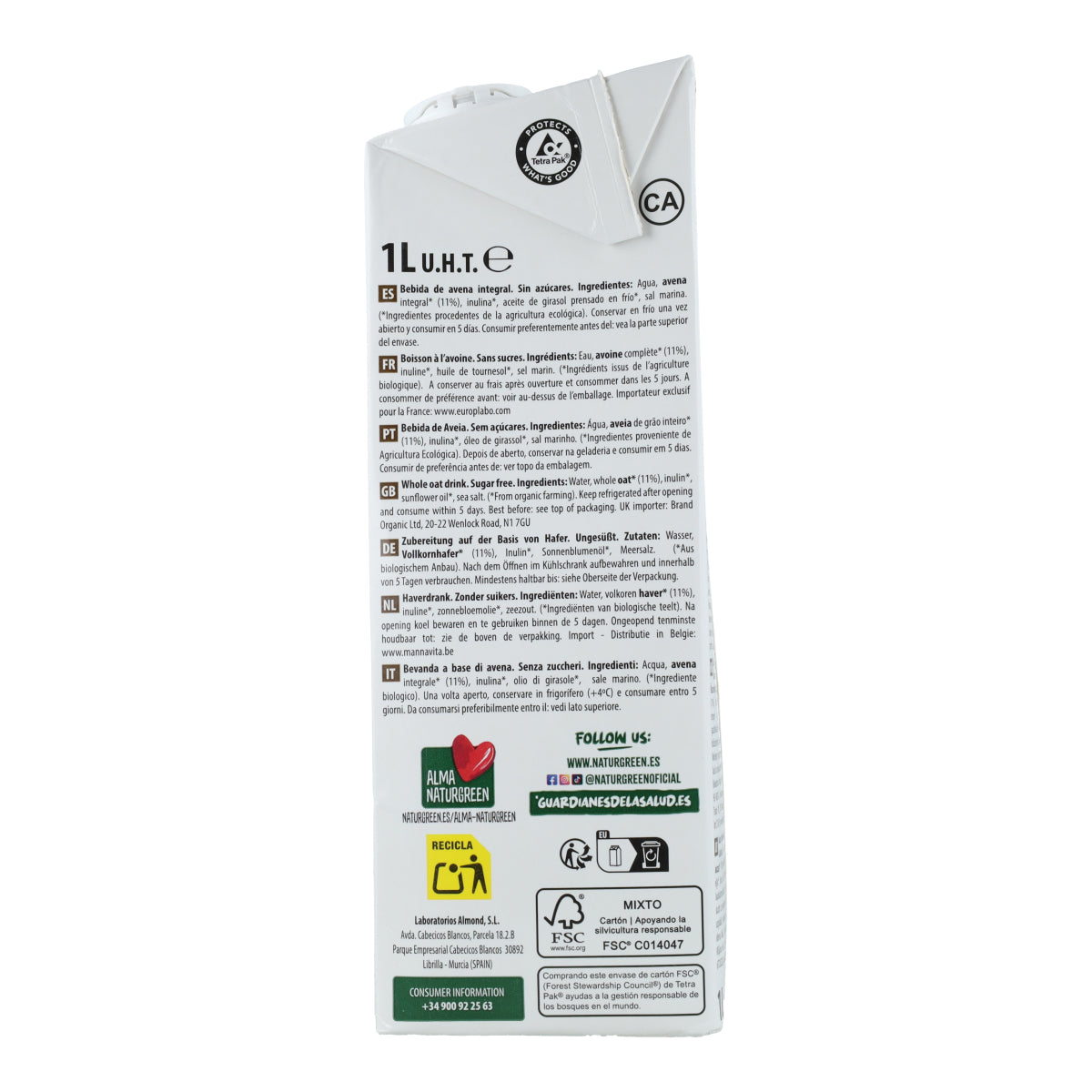 Bebida de Avena Integral 0% Azúcares Bio NaturGreen 1 L