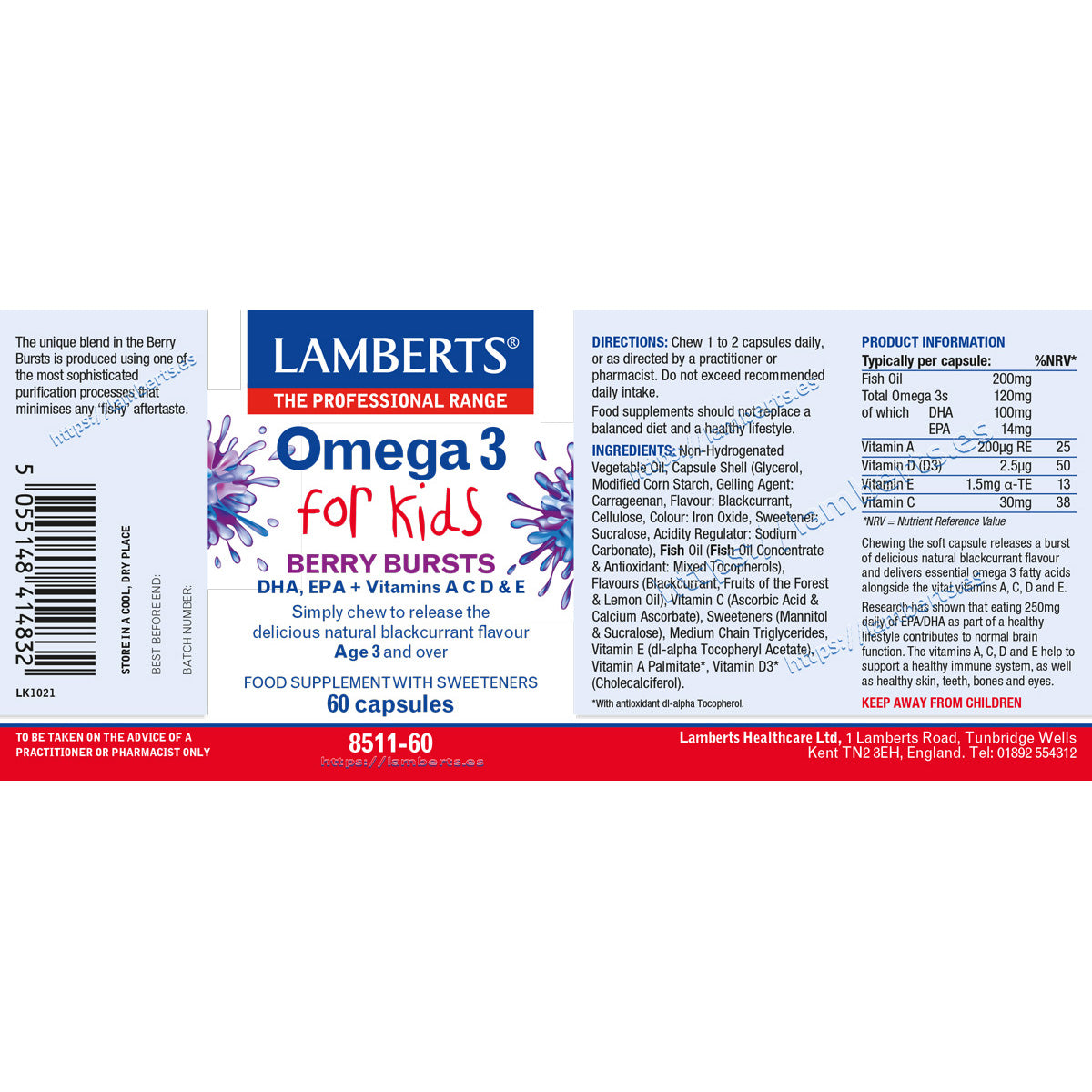 Omega 3 para niños , Lamberts, 60 cápsulas