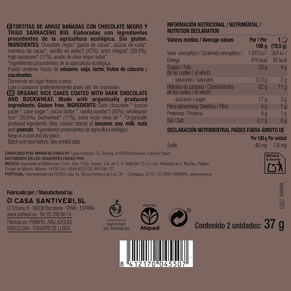 Placki ryżowe i gryczane z czekoladą gorzką BIO 3x37 g.