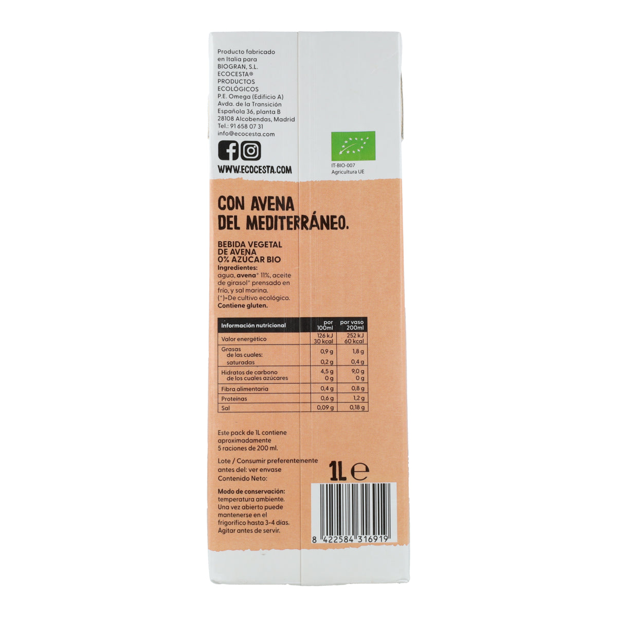 Napój roślinny z owsa 0% cukru Bio Ecocesta 1 l