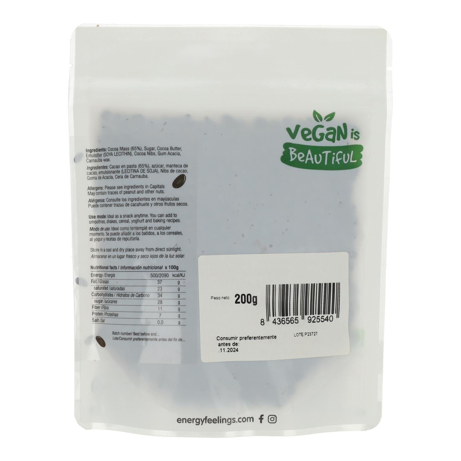 NIBS BAÑADOS EN CHOCOLATE: (200 g) Doypack
