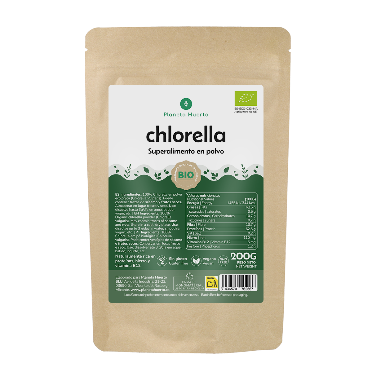 Chlorella w proszku z wodorostów ECO Planeta Huerto 200 g