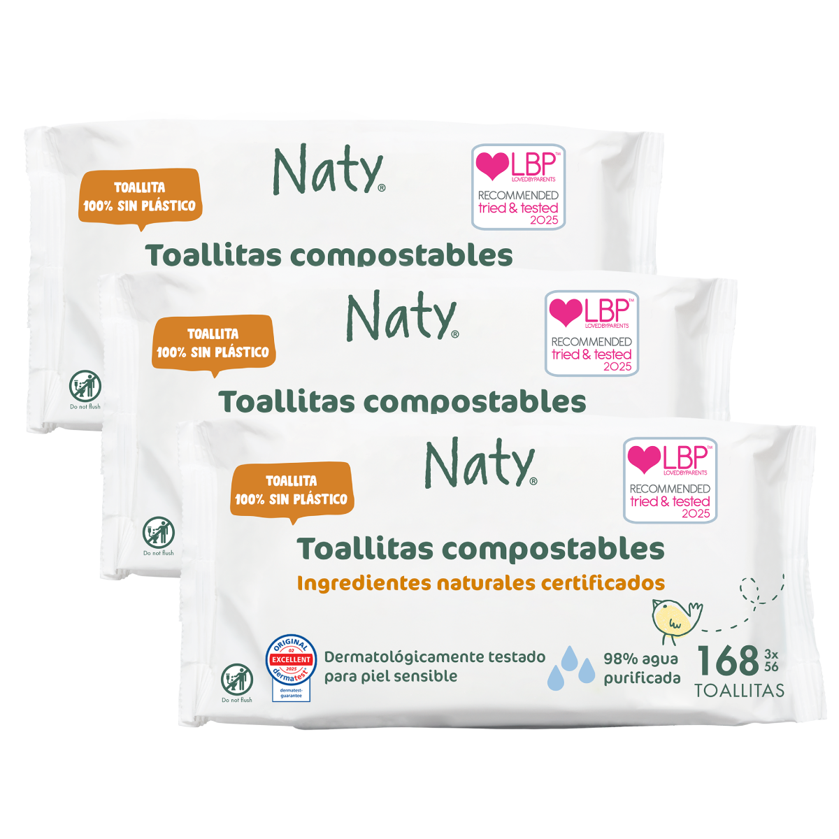 Opakowanie 3 kompostowalne chusteczki Naty  3x56 szt.