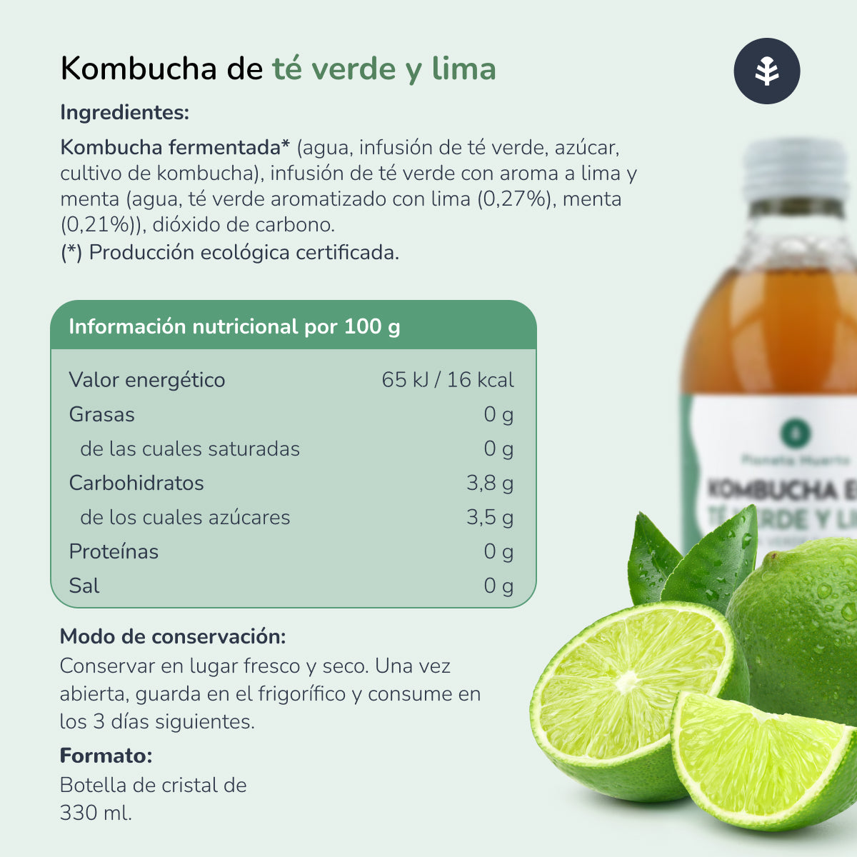 Kombucha ECO zielona herbata i limonka Planeta Huerto 330 ml