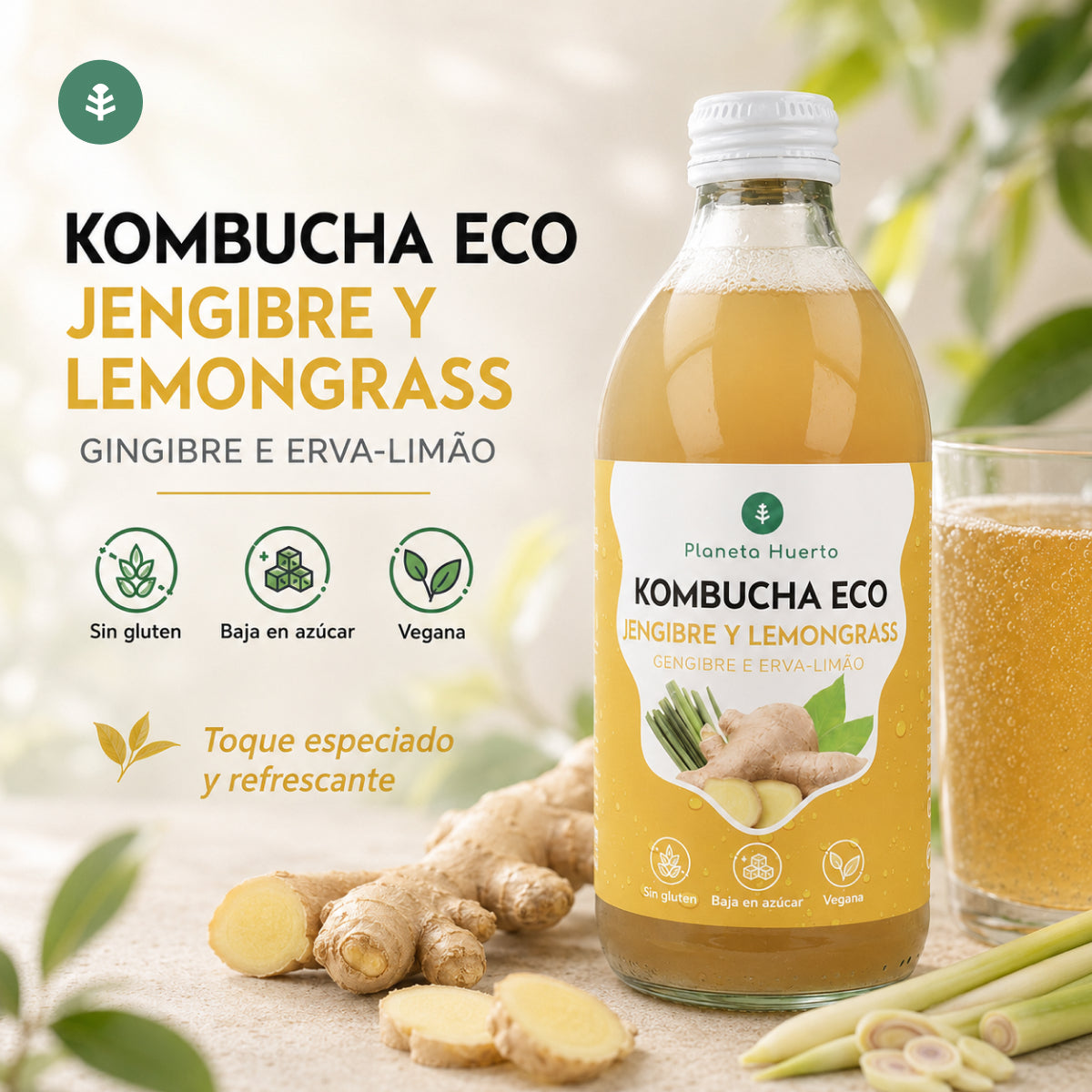 Kombucha ECO Imbir i trawa cytrynowa Planeta Huerto 330 ml