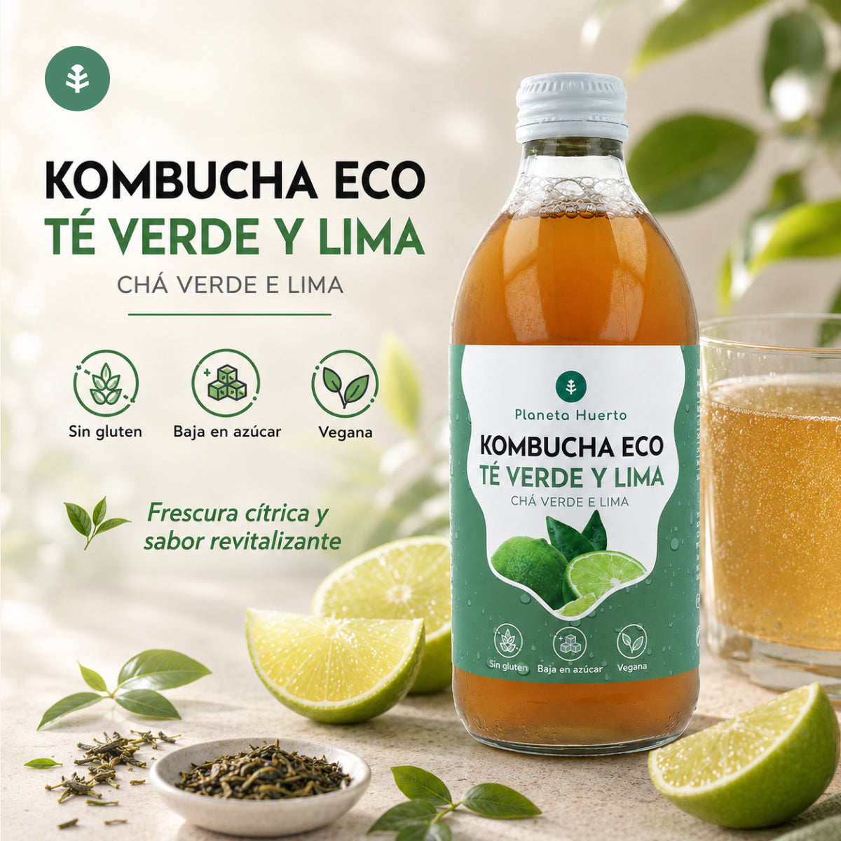 Kombucha ECO zielona herbata i limonka Planeta Huerto 330 ml
