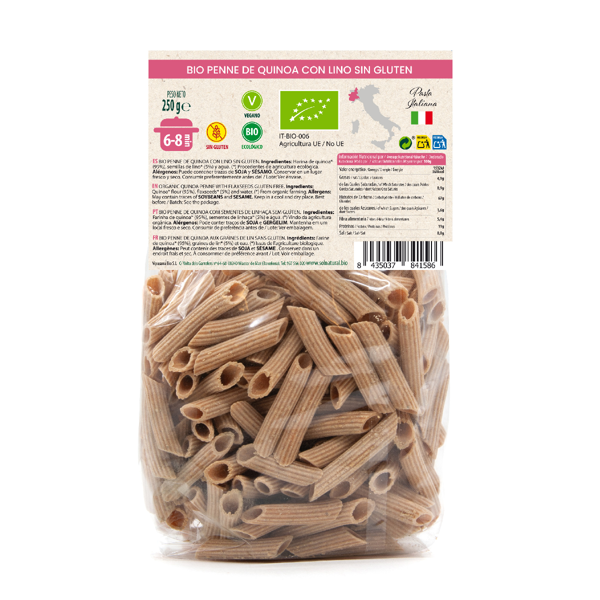 Makaron z komosy ryżowej z siemieniem lnianym bio bezglutenowy Sol Natural 250 g