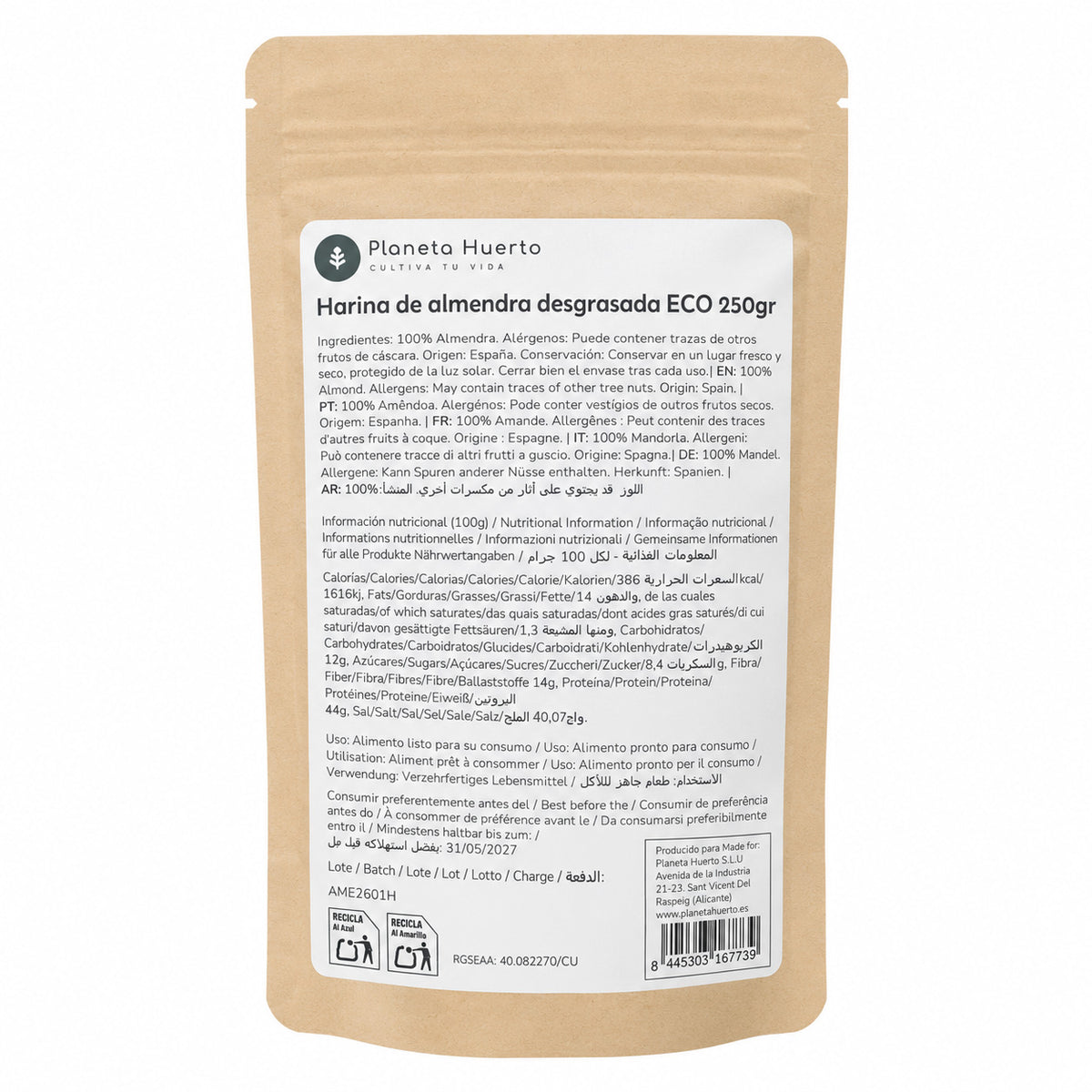 Odtłuszczona mąka migdałowa (białko migdałowe) ECO Planeta Huerto 250 g