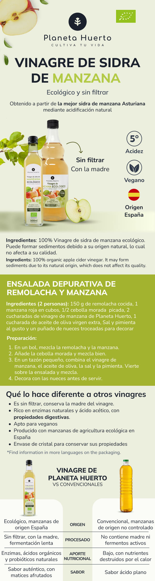Pack 6x Vinagre de sidra de manzana sin filtrar ECO Planeta Huerto 500 ml