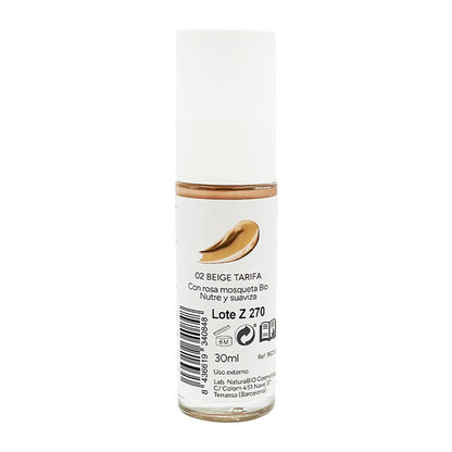 Maquillaje Fluido 02 Beige Tarifa, Acabado Impecable, Con Rosa Mosqueta y Manteca de Karité,  NaturaBio Cosmetics, 30ml