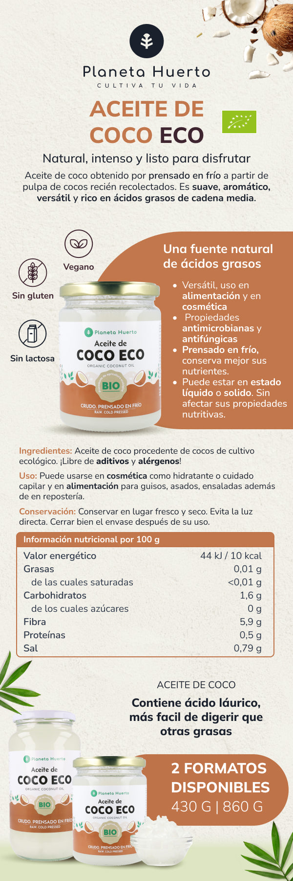 Olej kokosowy z pierwszego tłoczenia ECO Planeta Huerto 500 ml