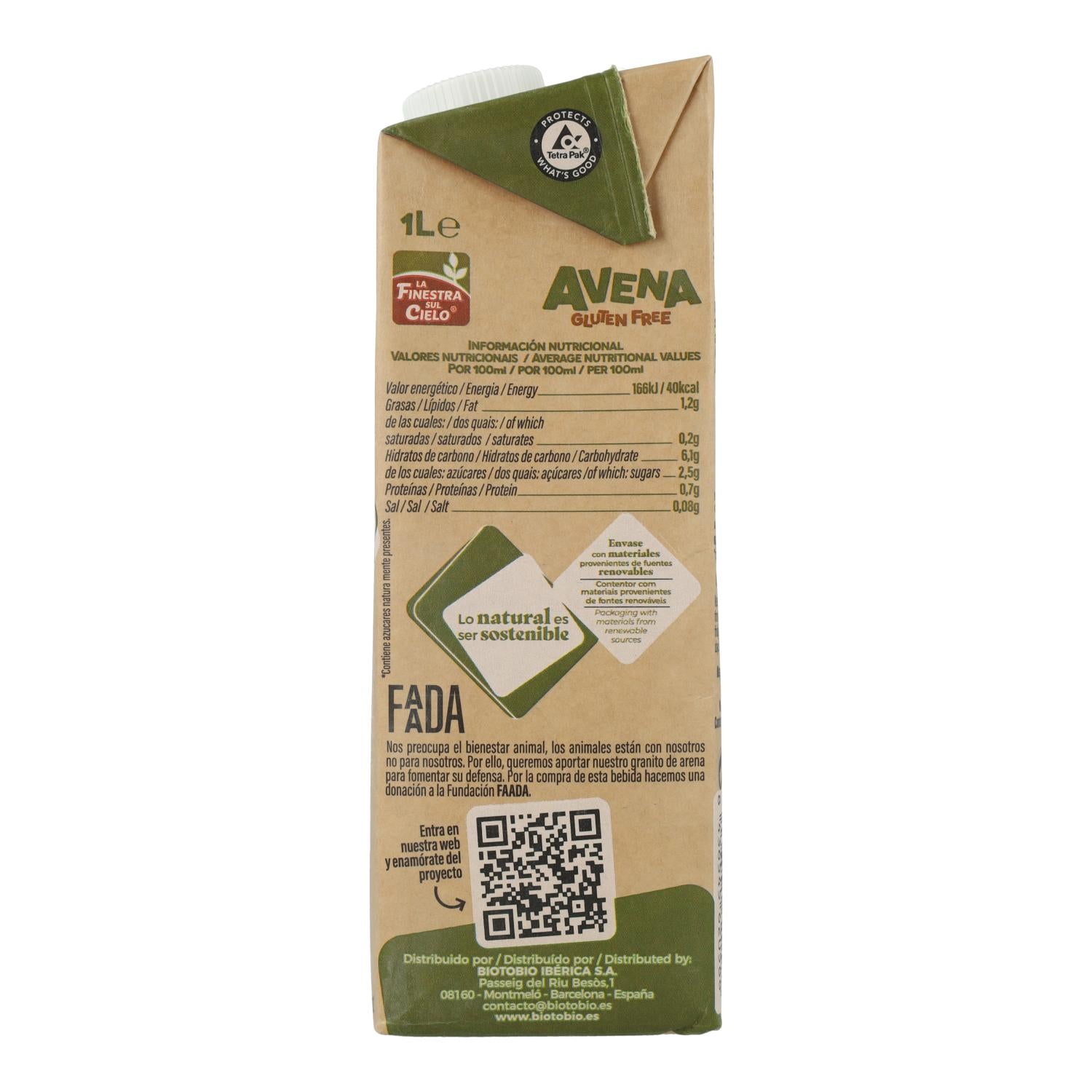Bebida de Avena sin Gluten Bio La  Finestra Sul Cielo 1 L