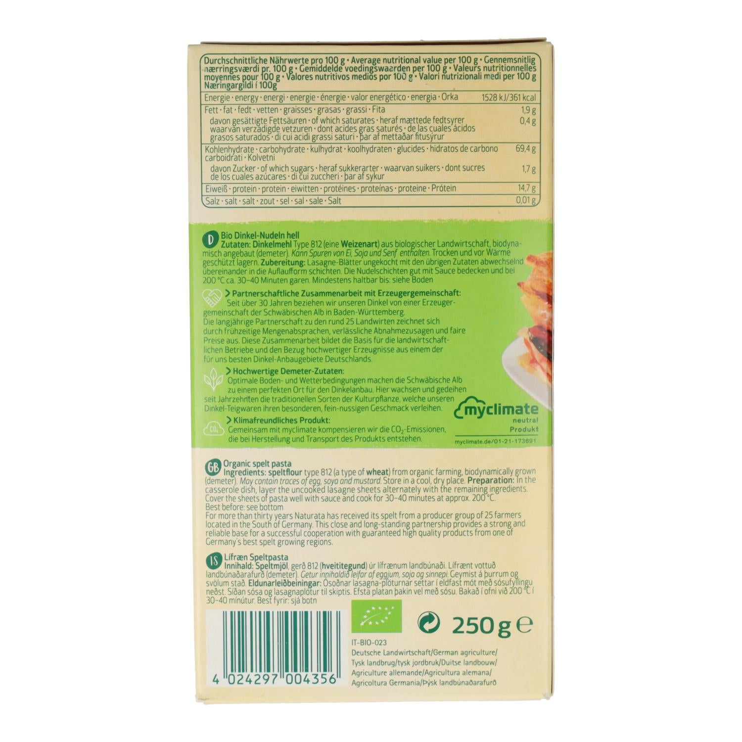 Láminas para Lasaña de Espelta Demeter Naturata 250 g