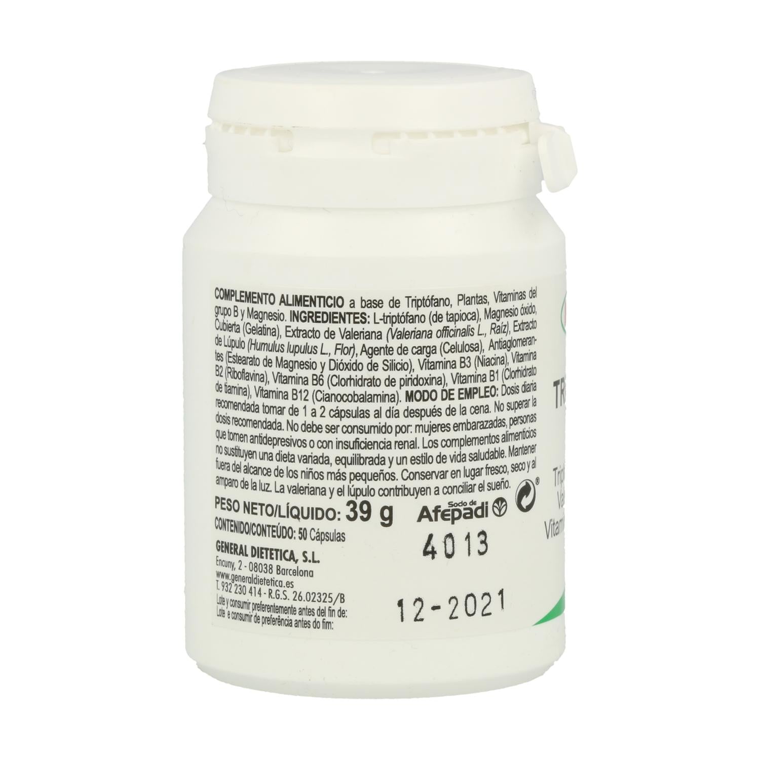 Triptófano Plus con Magnesio, Valeriana y Vitaminas B Integralia, 50 cápsulas