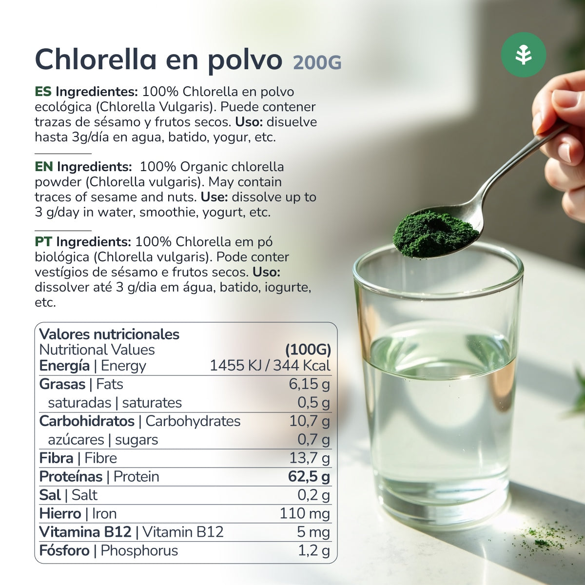 Chlorella w proszku z wodorostów ECO Planeta Huerto 200 g