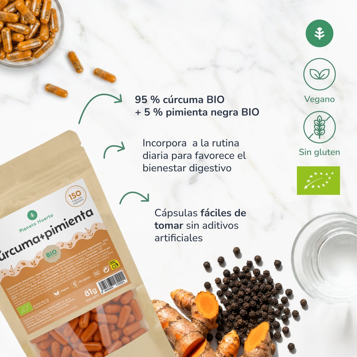 Organiczna kurkuma + organiczny pieprz Planeta Huerto 150 kapsułek