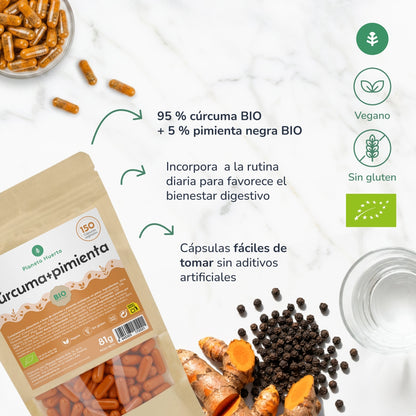 Organiczna kurkuma + organiczny pieprz Planeta Huerto 150 kapsułek