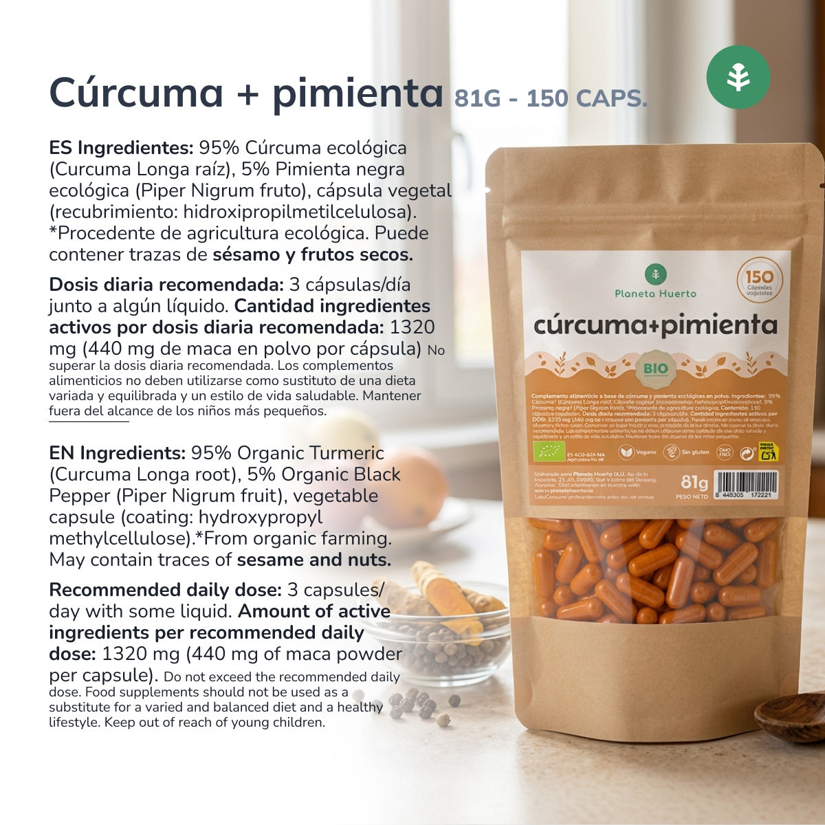 Organiczna kurkuma + organiczny pieprz Planeta Huerto 150 kapsułek