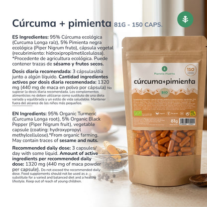 Organiczna kurkuma + organiczny pieprz Planeta Huerto 150 kapsułek