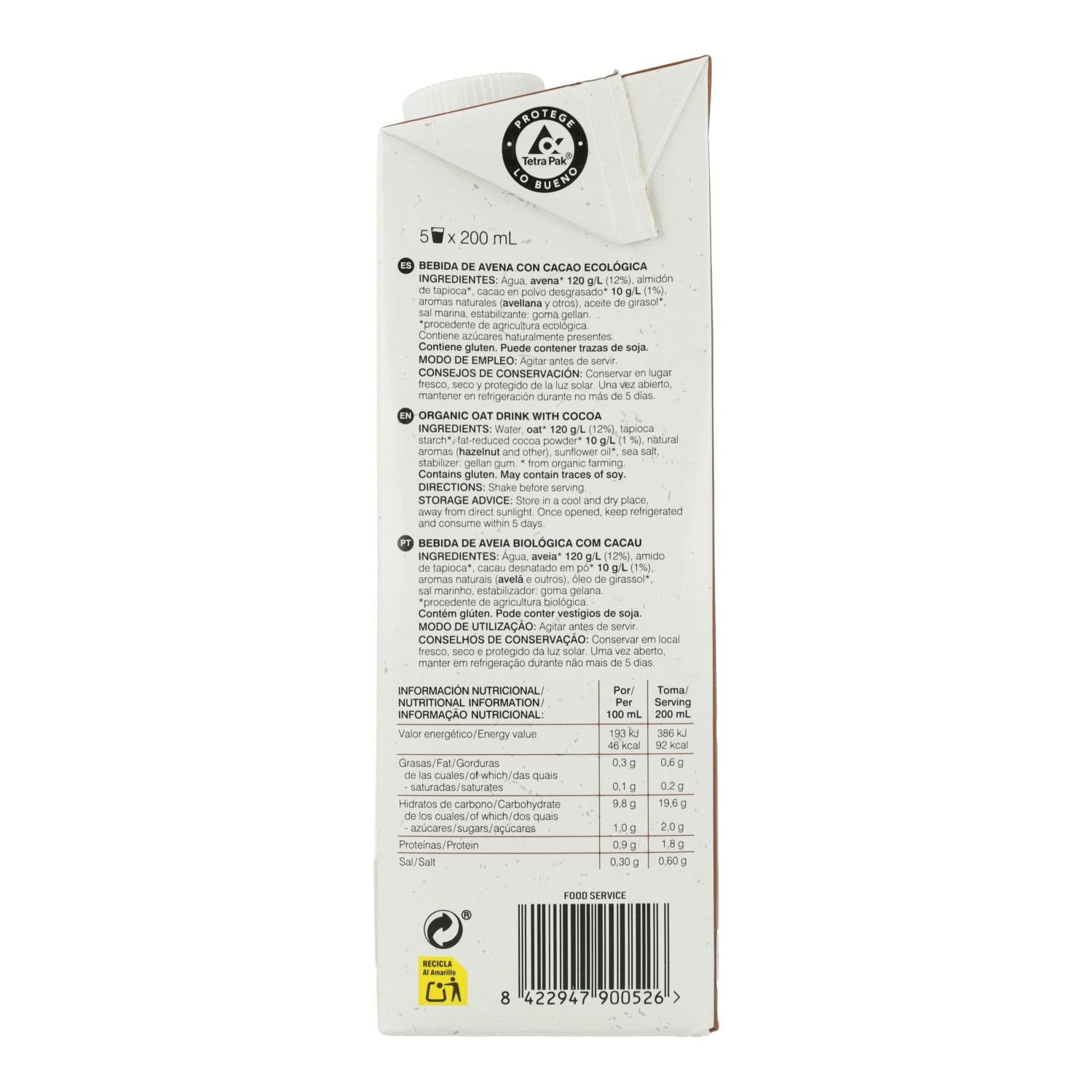 Pack 6 x Bebida de Avena con Cacao BIO Soria Natural  1 L