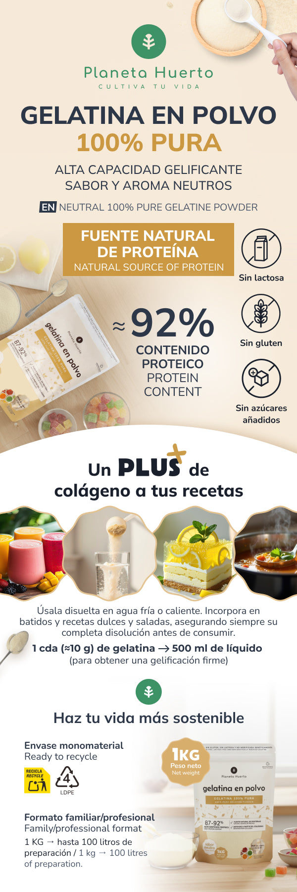 Neutralna żelatyna w proszku, źródło kolagenu Planeta Huerto 1 kg