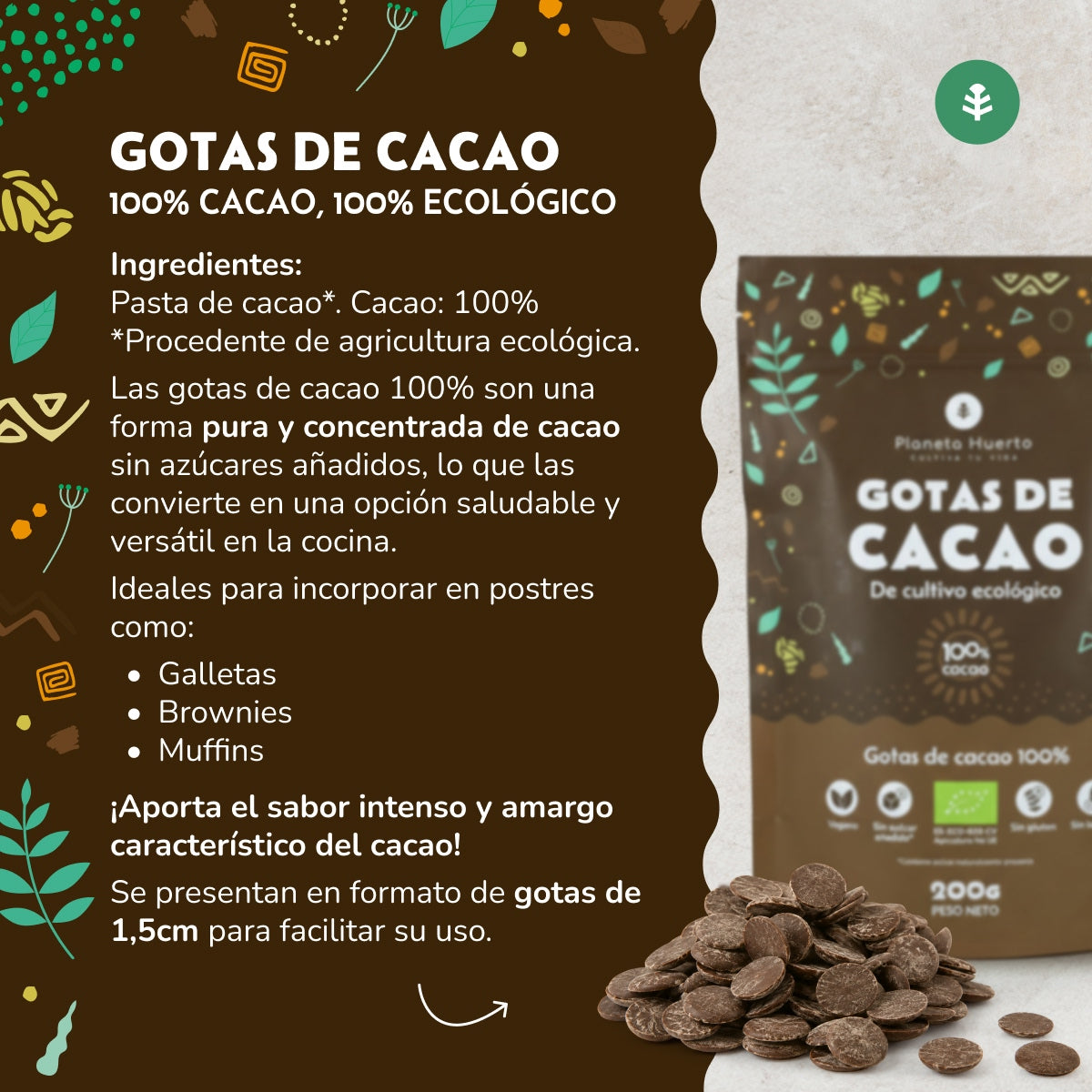 Dropsy czekoladowe 100% kakao ECO Planeta Huerto 200 g