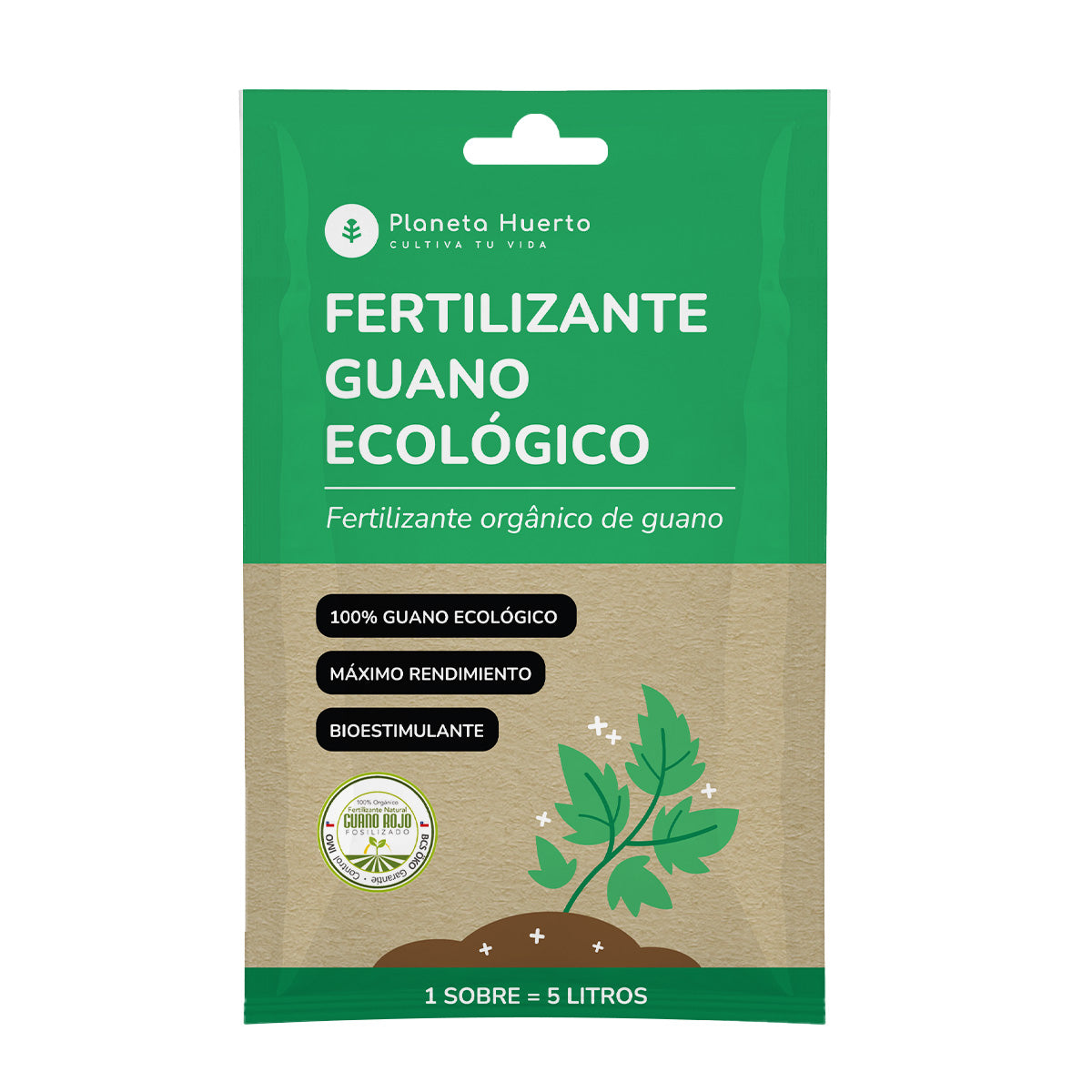 Opakowanie nawozu Guano Eco soluble Planeta Huerto 5 szt. na 25 l