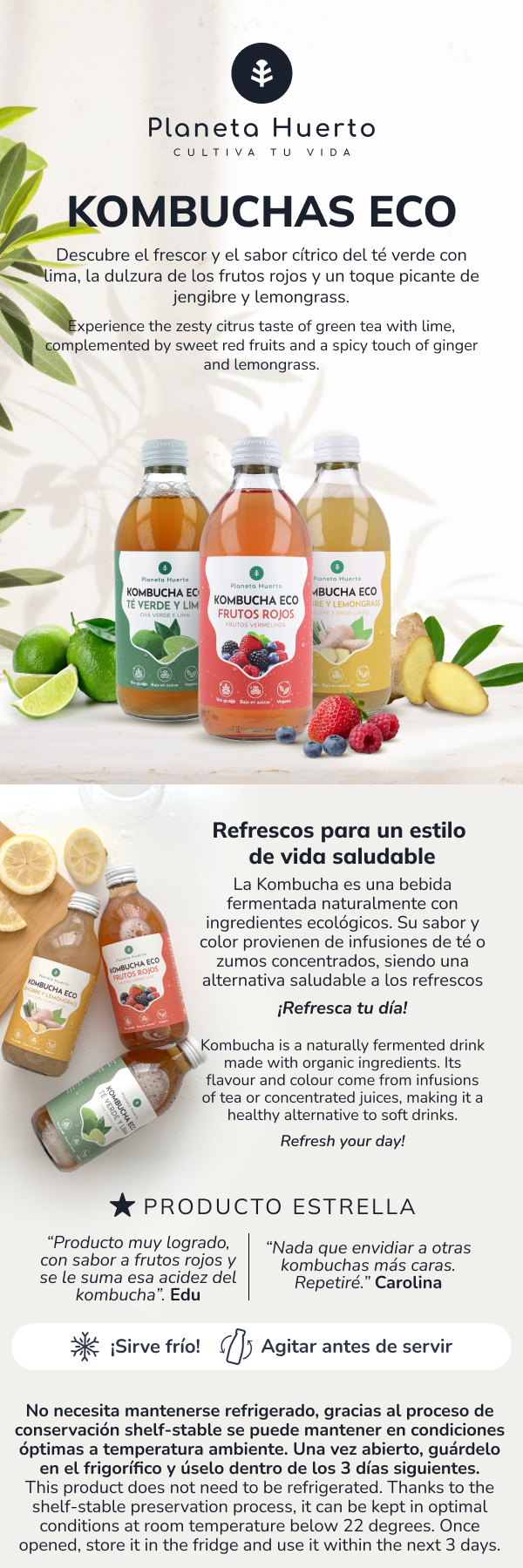 Pack 12x Kombucha ECO Jengibre y lemongrass Planeta Huerto 330 ml
